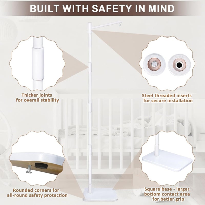 EBINGMIMA White Floor-Standing Crib Mobile Arm - 65" Baby Mobile Stand for Crib - Mobile Arm for Crib - 100% Beech Wood - Adjustable Mobile Hanger with Anti-Tip Base - Easy Assembly - Modern Nursery Decor - Image 4